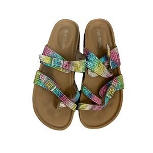 Steve Madden Rhinestone Slides – Rainbow Sparkle Flat Sandals – Women’s 5